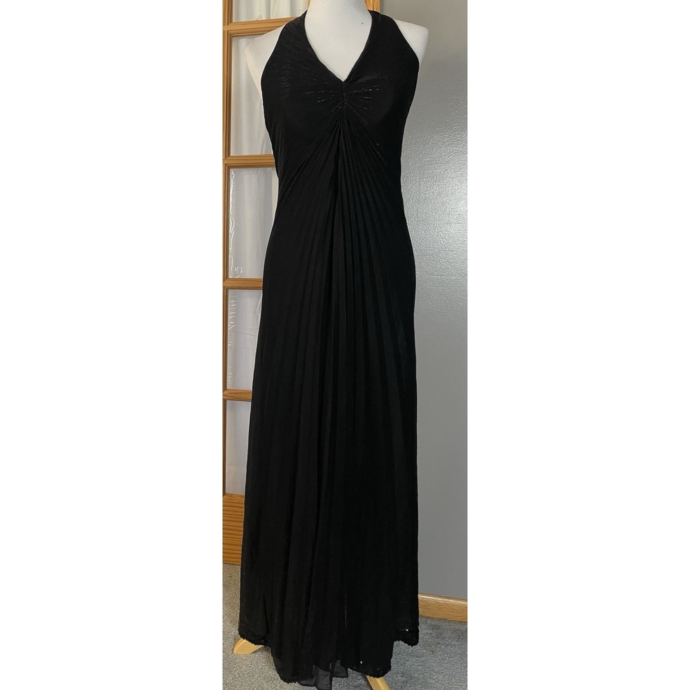 80s Pleated Maxi Halter Dress 9/10 Metallic Black Sequins USA Formal Prom Gothic